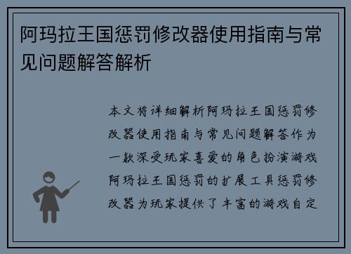 阿玛拉王国惩罚修改器使用指南与常见问题解答解析